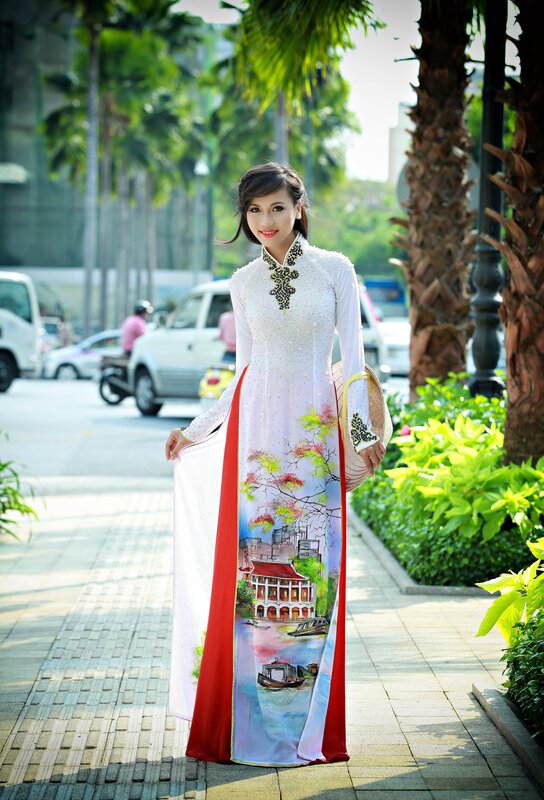 Woman in Ao Dai — White, Serene, Afternoon, Photograph, Palm Trees