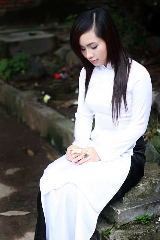 Woman in Ao Dai — White, Serene, Photograph, Flower