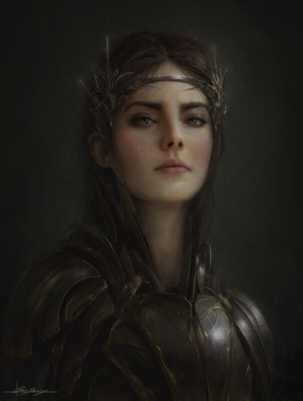 Woman in Armor — Black, Dramatic, Digital Art