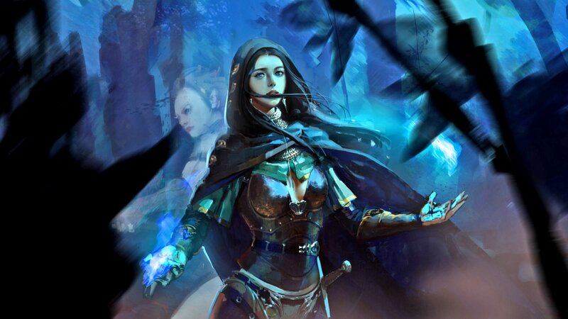 Woman in Armor Casting Spell — Blue, Dramatic