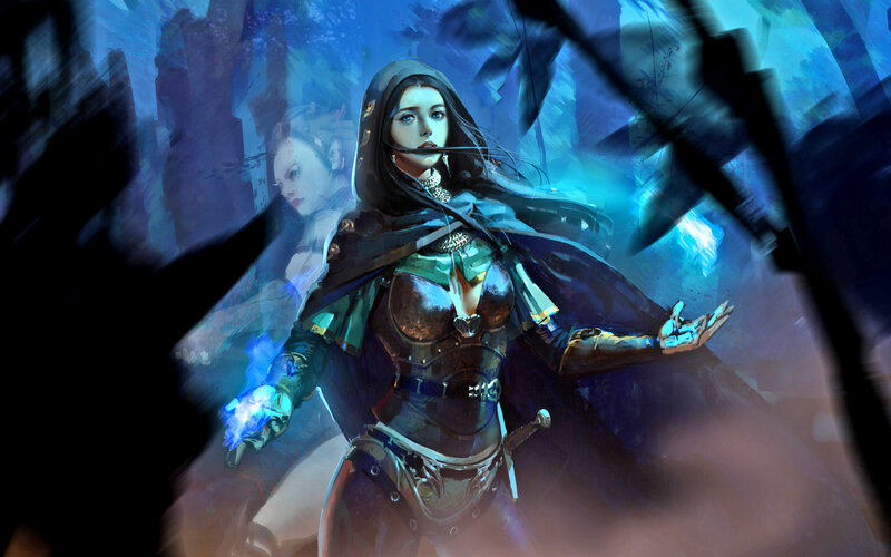 Woman in Armor Casting Spell — Blue