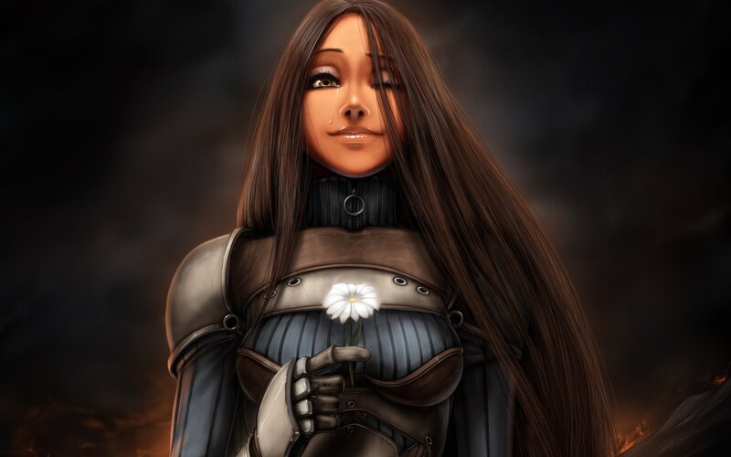 woman in armor holding a flower