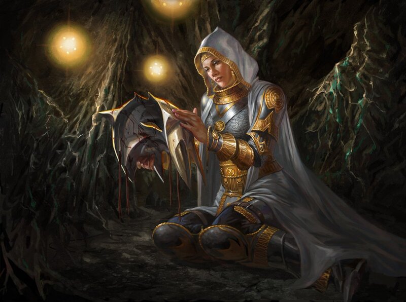 Woman in Armor Holding Helmet