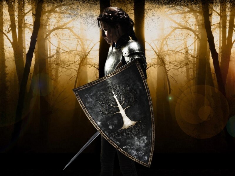 Woman in Armor Holding Shield — Black