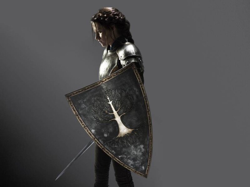 Woman in Armor Holding Shield — Gray, Dramatic, Photograph, Sword