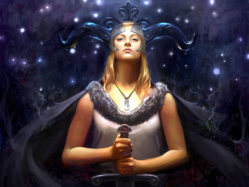 Woman in Armor Holding Sword — Blue, Dramatic, Night