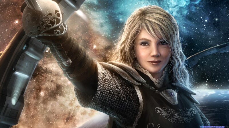Woman in Armor Holding Sword — Blue