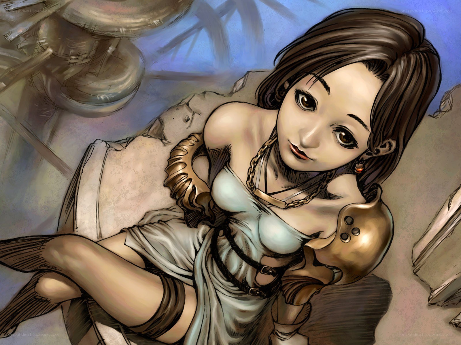 woman in armor lying down