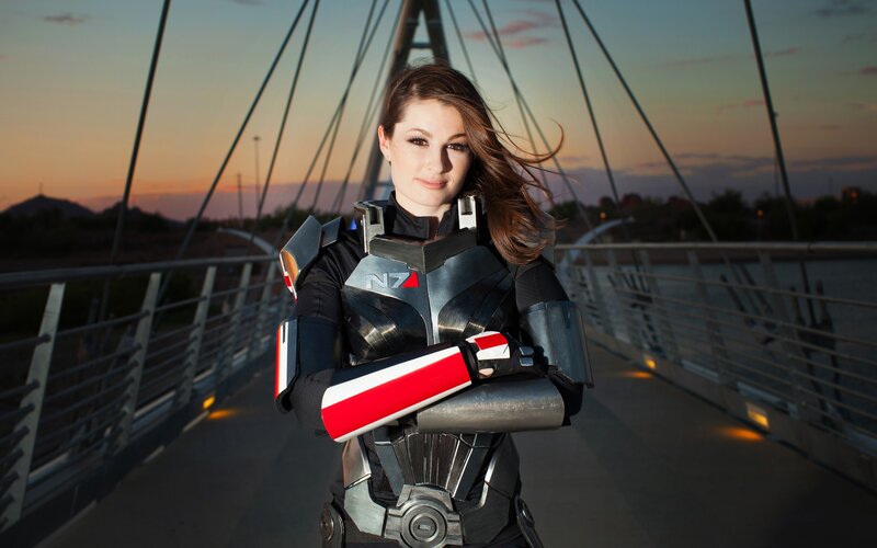 woman in armor on a bridge