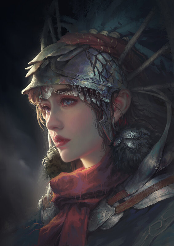 Woman in Armor — Red, Dramatic, Night