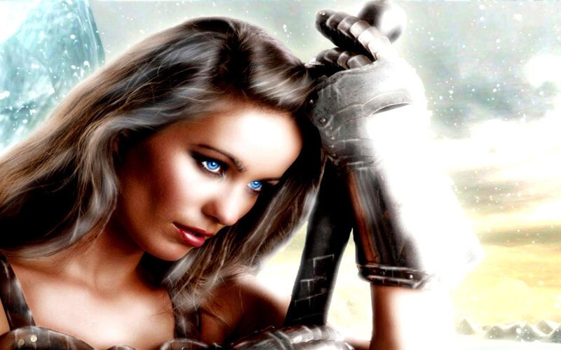 woman in armor with blue eyes
