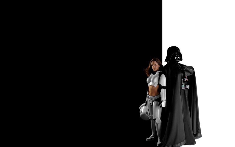 Woman in Armor with Dark Figure