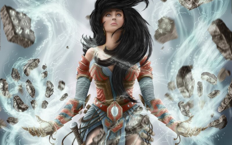 Woman in Armor with Floating Rocks