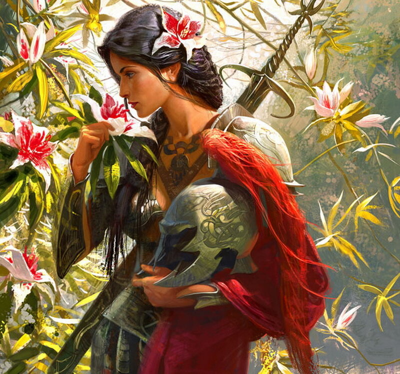 Woman in Armor with Flowers