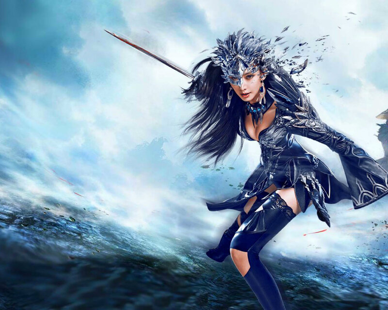 Woman in Armor with Sword — Blue, Dramatic, Digital Art