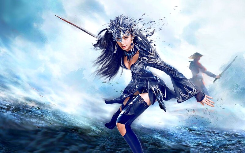 Woman in Armor with Sword — Blue, Dramatic