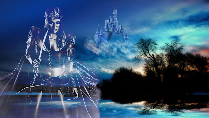Woman in Armor with Sword — Blue