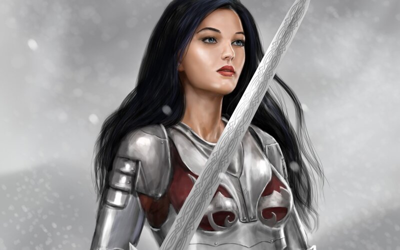 Woman in Armor with Sword — Silver, Dramatic, Digital Art