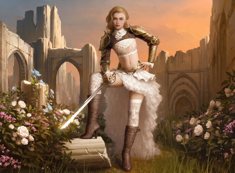 Woman in Armor with Sword — White