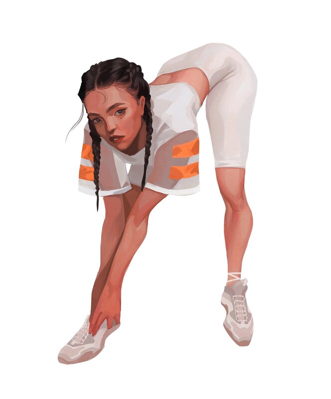 Woman in Athletic Pose — White, Focused