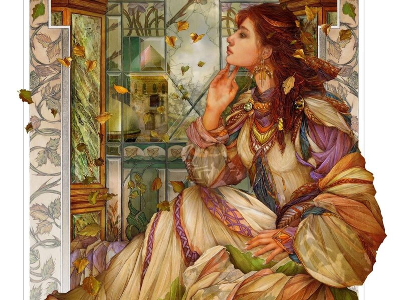 woman in autumn by window