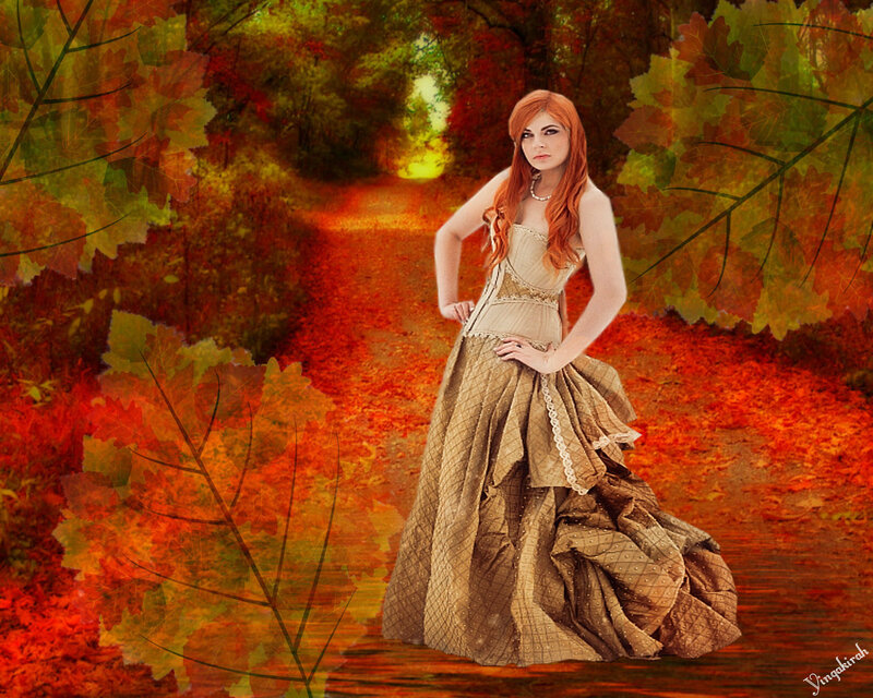 Woman in Autumn Dress — Orange, Dramatic, Digital Art