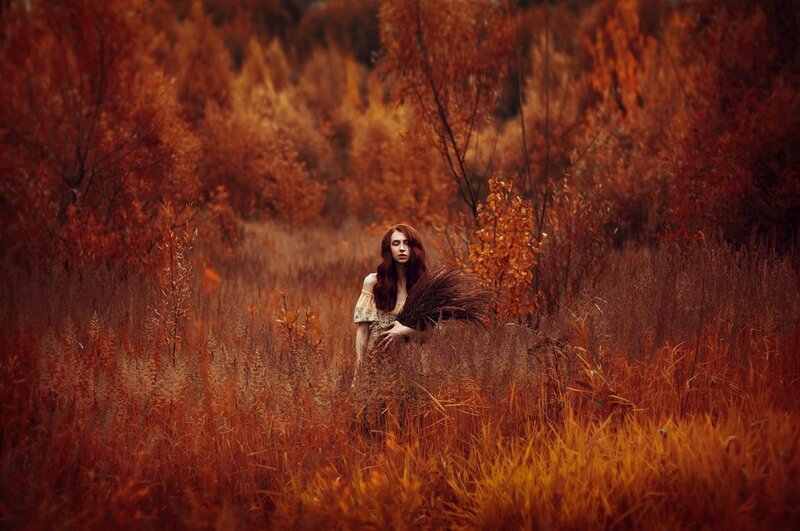 Woman in Autumn Field — Orange, Serene, Photograph