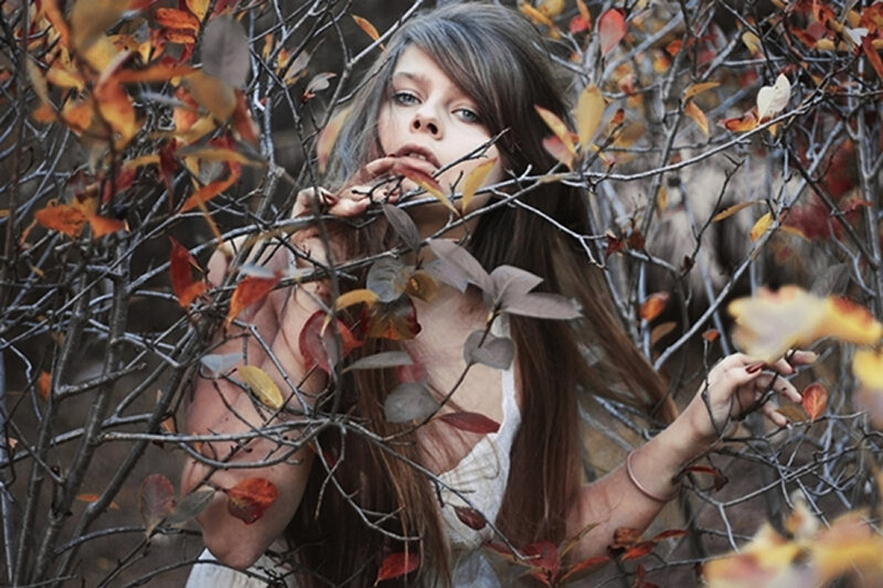 Woman in Autumn Foliage — Brown
