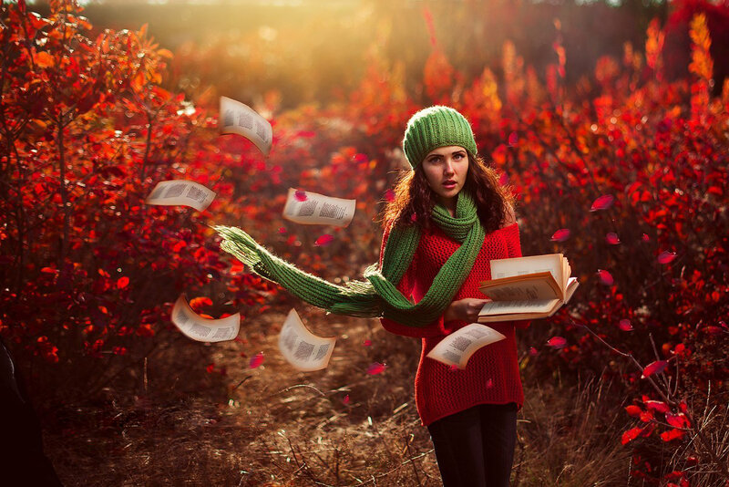 Woman in Autumn Foliage — Red, Dramatic