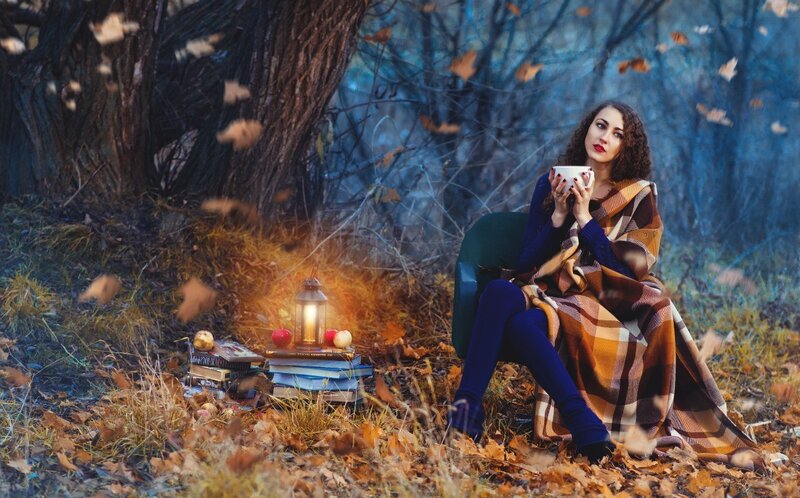 Woman in Autumn Forest — Brown, Cozy