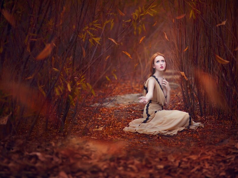 Woman in Autumn Forest — Brown, Dramatic, Photograph, Leaves