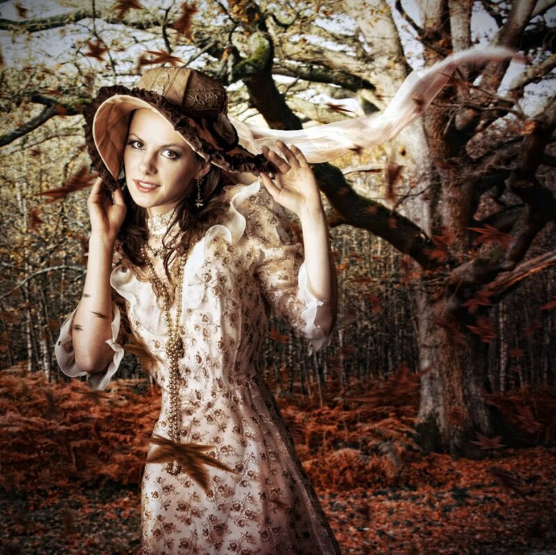 Woman in Autumn Forest — Brown, Dramatic, Photograph