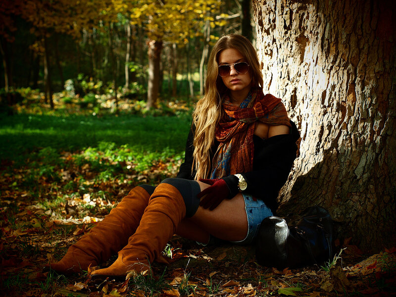Woman in Autumn Forest — Brown, Dramatic, Photograph, Tree