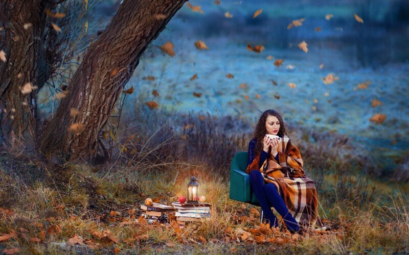 Woman in Autumn Forest — Brown, Serene, Photograph, Tree