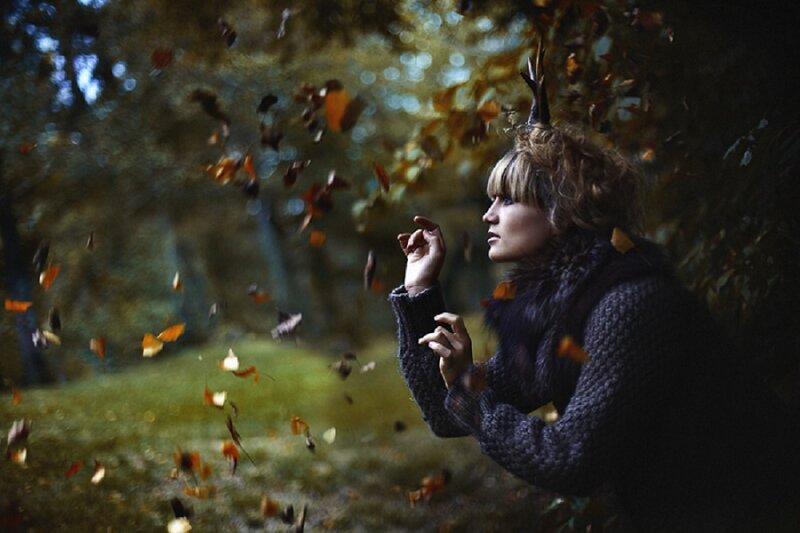 Woman in Autumn Forest — Brown, Serene