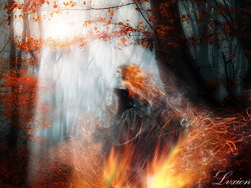 Woman in Autumn Forest — Orange, Dramatic, Digital Art