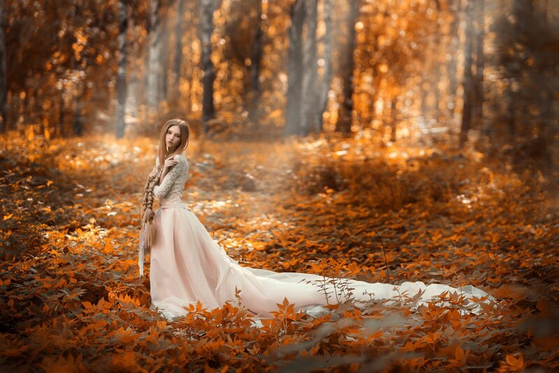 Woman in Autumn Forest — Orange, Serene, Photograph