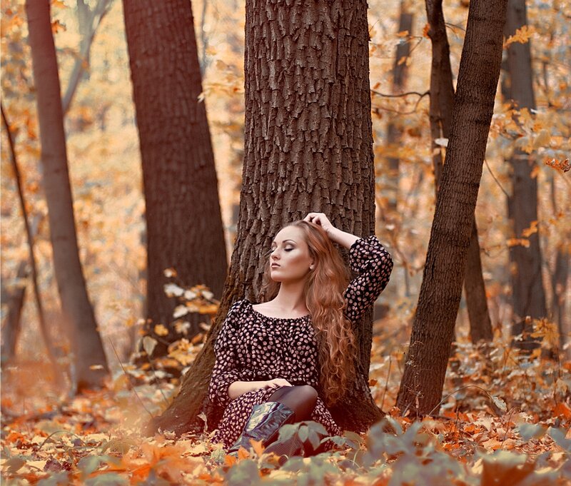 Woman in Autumn Forest — Orange, Serene, Photograph, Tree