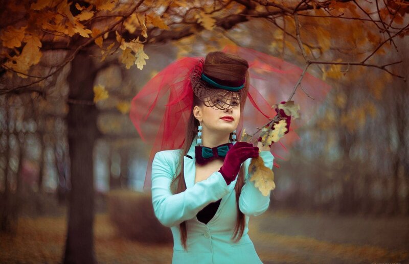 Woman in Autumn Forest — Red, Dramatic, Photograph