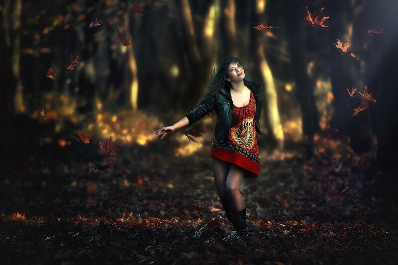 Woman in Autumn Forest — Red, Dramatic