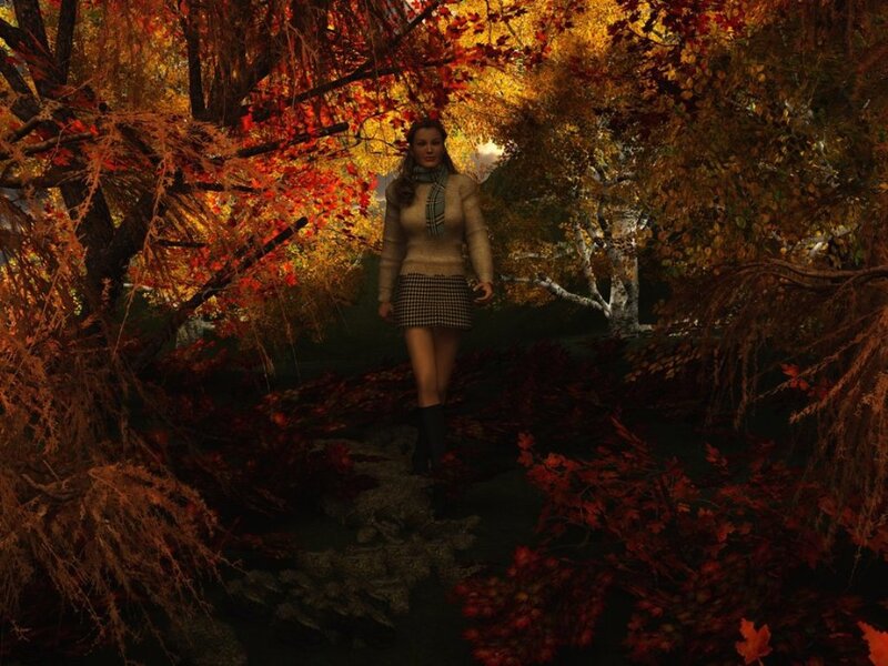 Woman in Autumn Forest — Red, Serene, 3d Render