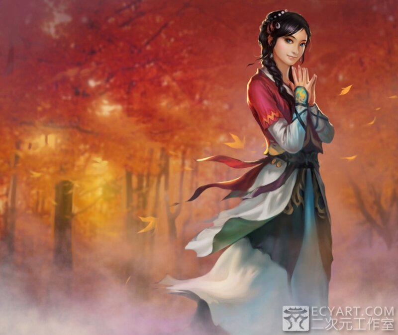Woman in Autumn Forest — Red, Serene, Digital Art, Fallen Leaves