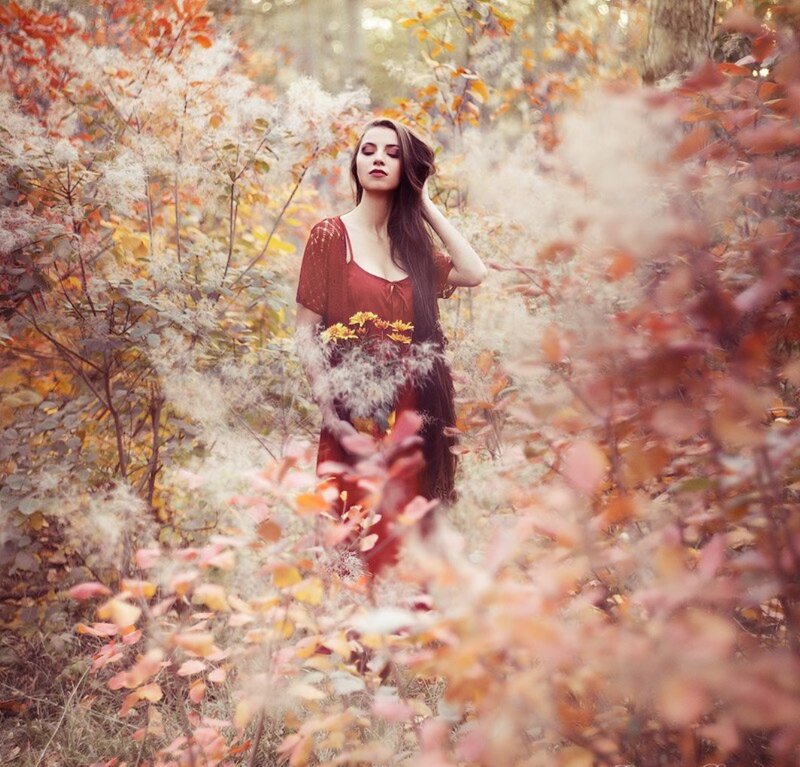 Woman in Autumn Forest — Red, Serene, Photograph