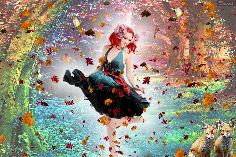 Woman in Autumn Forest — Red, Whimsical