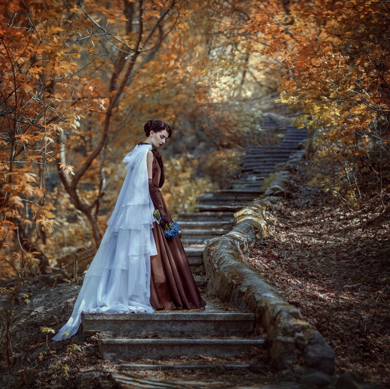 Woman in Autumn Forest — White, Dramatic