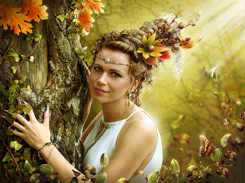 Woman in Autumn Forest — White