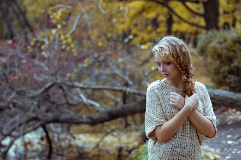 Woman in Autumn Forest — Yellow, Contemplative