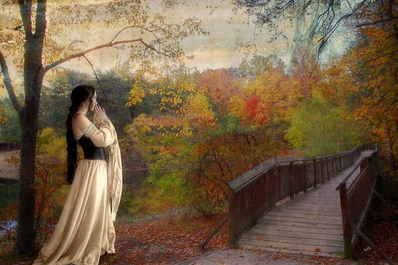 Woman in Autumn Forest — Yellow, Serene, Digital Art