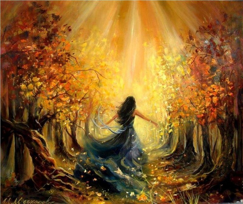 Woman in Autumn Forest — Yellow, Serene, Painting