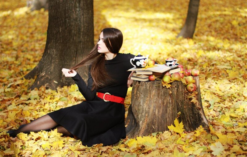 Woman in Autumn Forest — Yellow, Serene, Photograph, Tree Stump